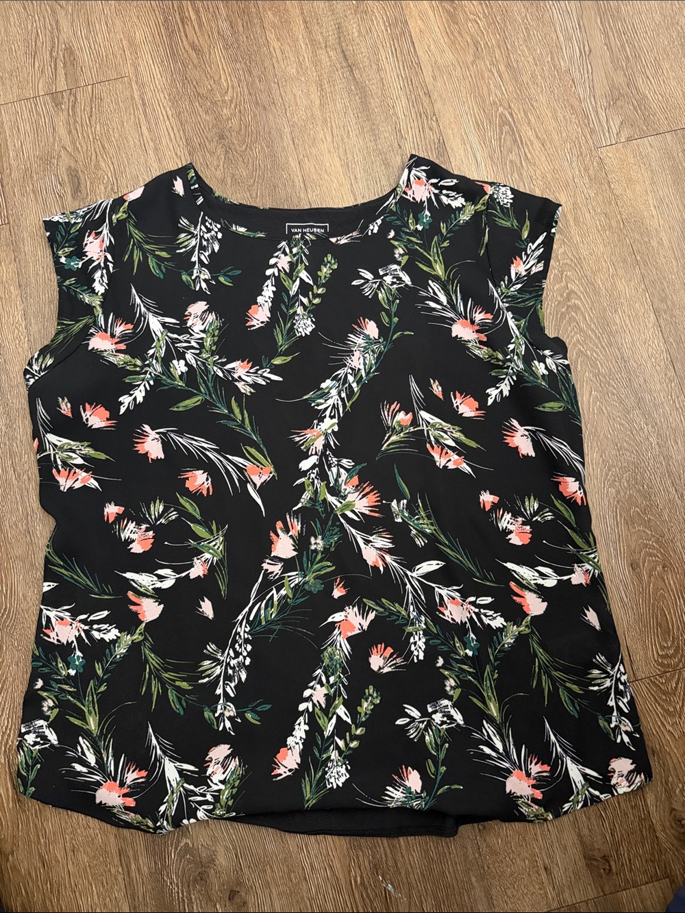 Van Heusen Black Floral Cap-Sleeve Blouse with Coral & Green